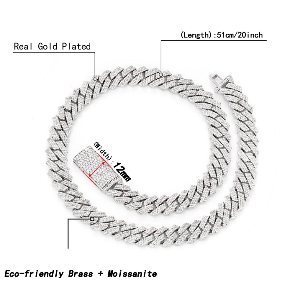 12mm 3列モアッサナイトアイスアウトキューバンリンクチェ - Cuban Link Chain 12Mm のレビューと価格