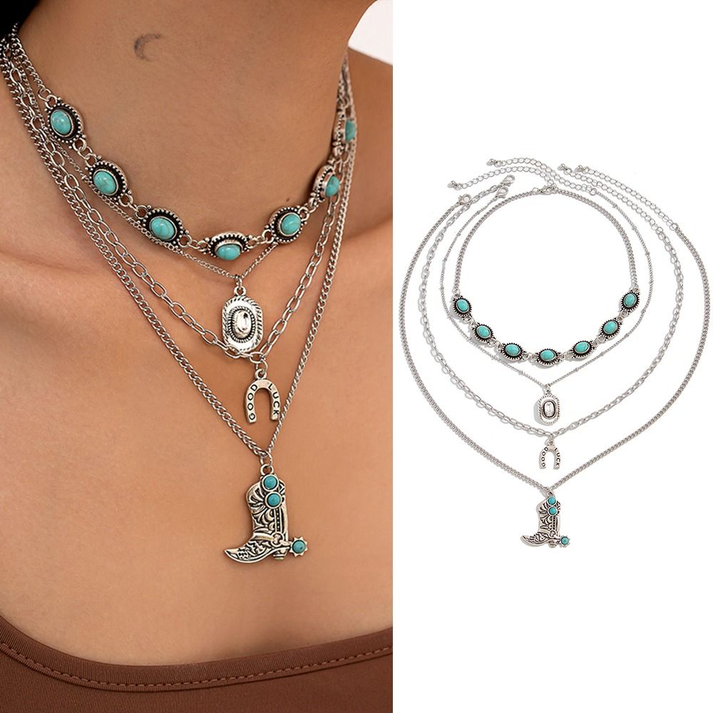 カウボーイブーツペンダント ターコイズチェーンチョーカー ボ - Layered Pendant Necklace Aesthetic のレビューと価格