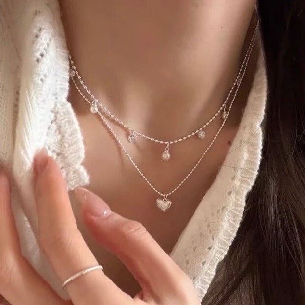 二重層シルバービーズチョーカー小さな織りハートペンダントネッ - Layered Pendant Necklace Aesthetic のレビューと価格