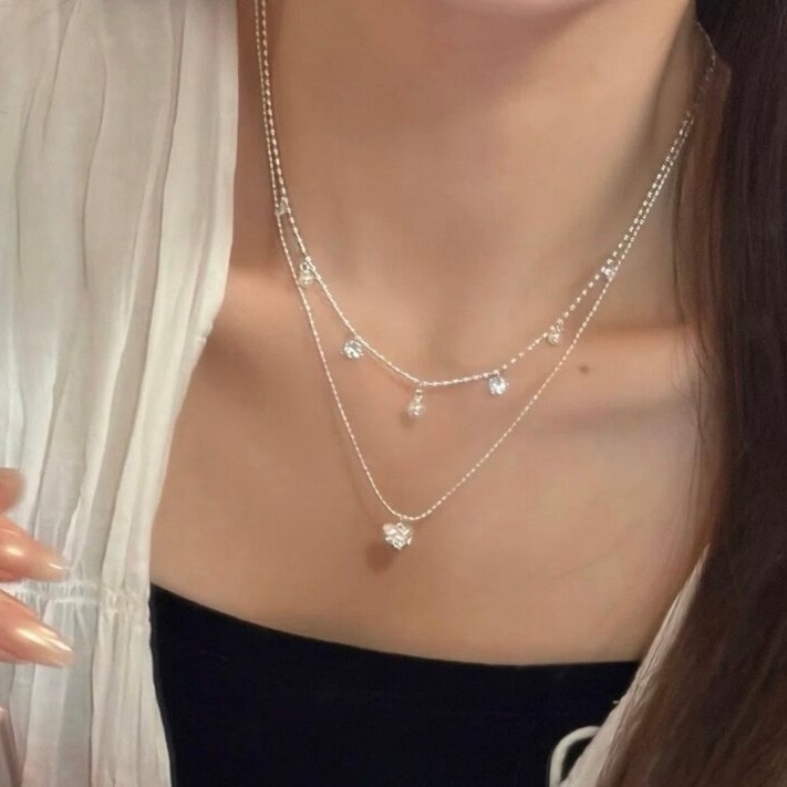 二重層シルバービーズチョーカー小さな織りハートペンダントネッ - Layered Pendant Necklace Aesthetic のレビューと価格