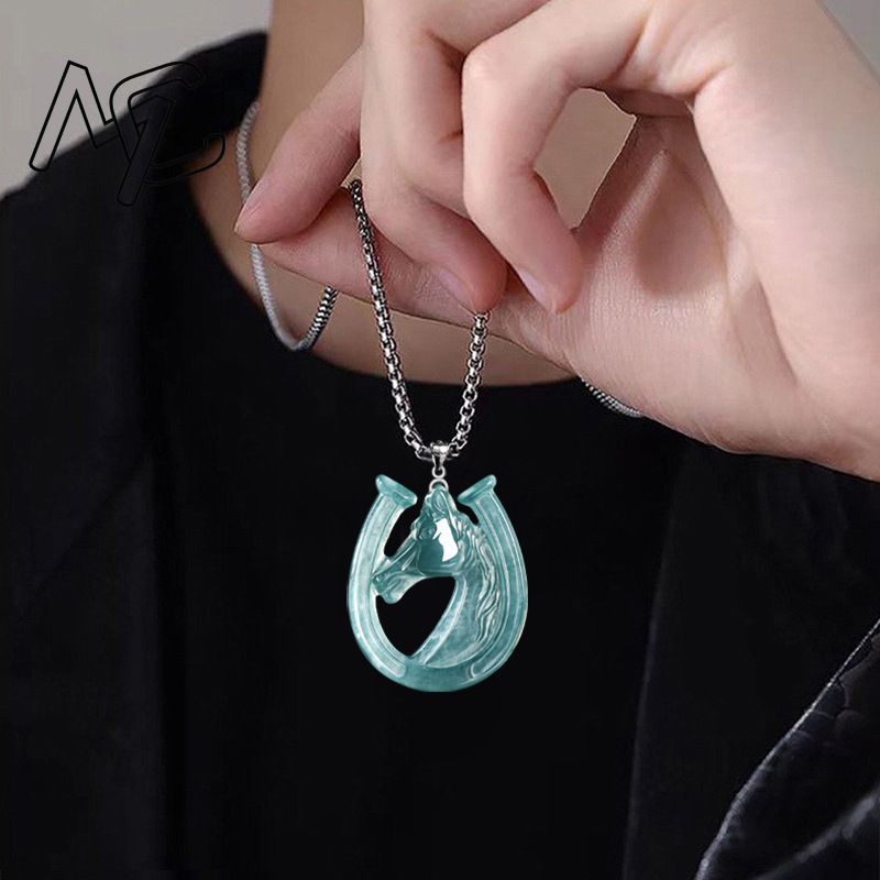 S925シルバー天然ブルーウォータージェイド馬蹄ペンダントネ - Necklaces のレビューと価格