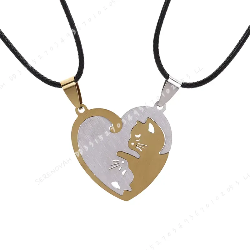 1組のクリエイティブで可愛いステンレス製の漫画猫キーホルダー - Magnetic Couple Matching Necklaces のレビューと価格