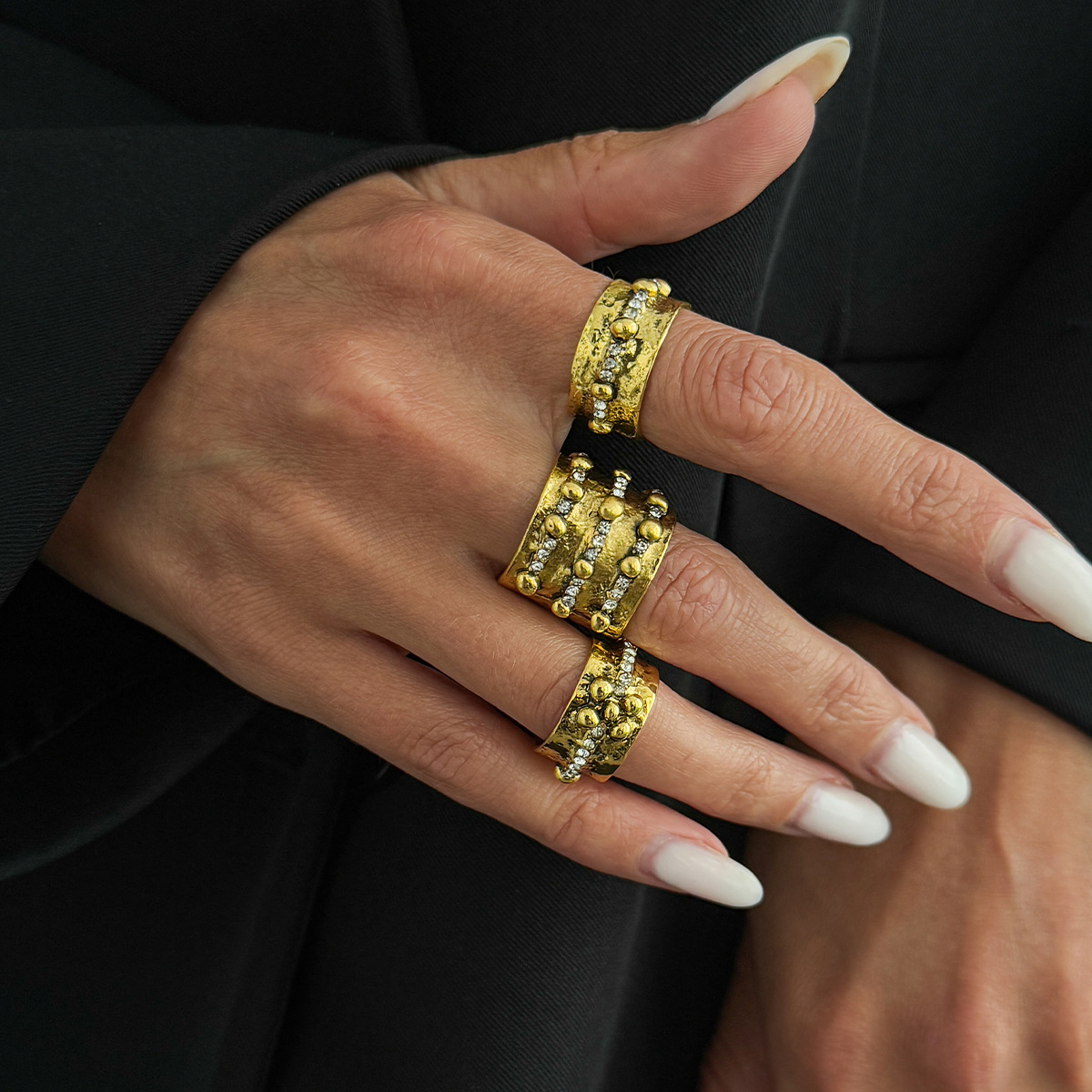 3 個ヴィンテージ象嵌ラインストーン調節可能なオープンリング - Vintage Punk Knuckle Rings Set のレビューと価格
