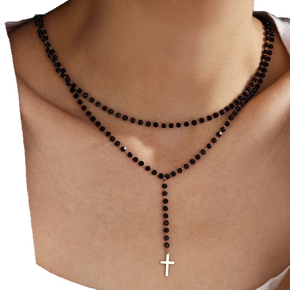 ゴシック二重層ブラッククリスタルビーズ Y ネックレス女性ク - Layered Pendant Necklace Aesthetic のレビューと価格