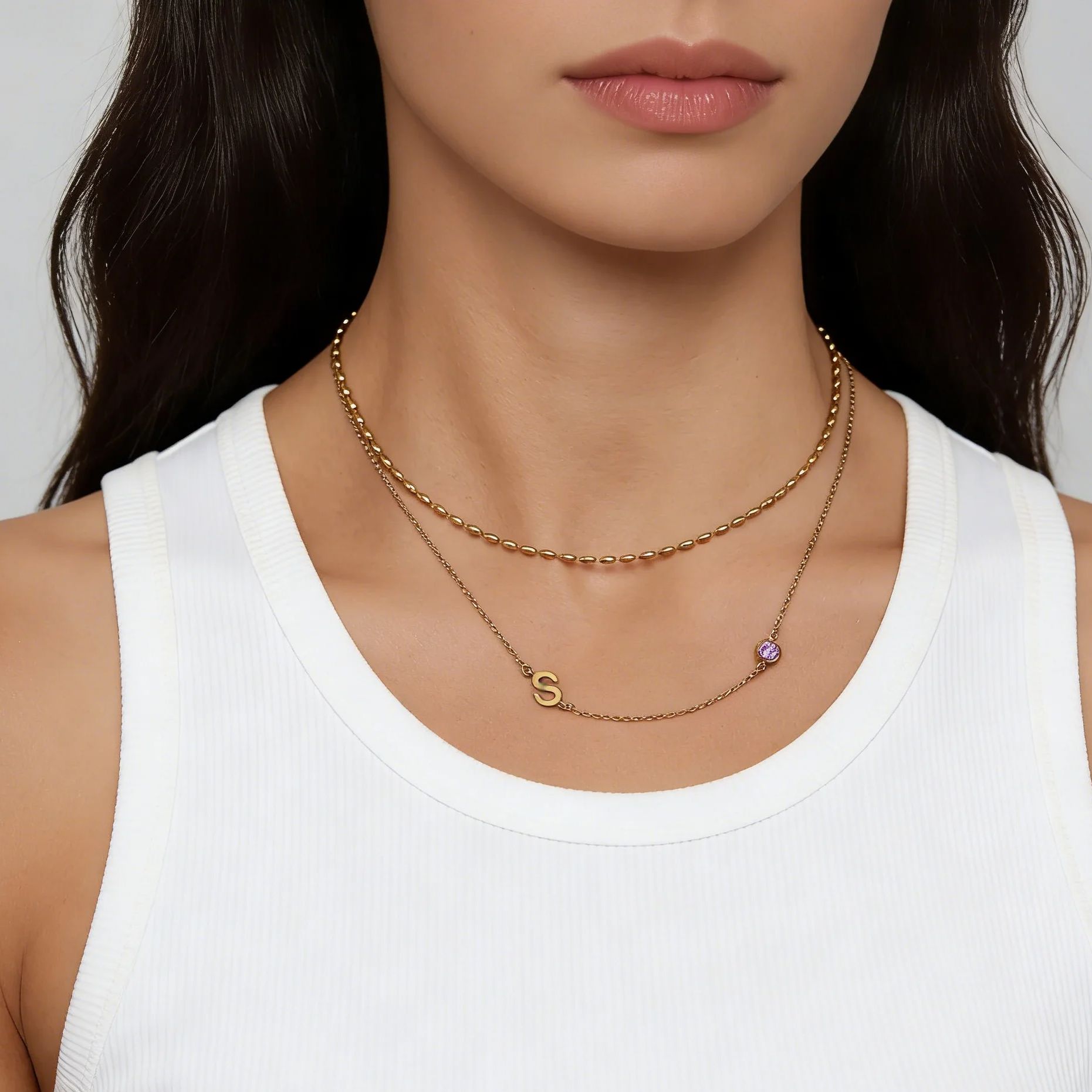 サイドセットイニシャルバースストーンネックレス 18Kゴール - Initial Letter Necklace 18K Gold のレビューと価格