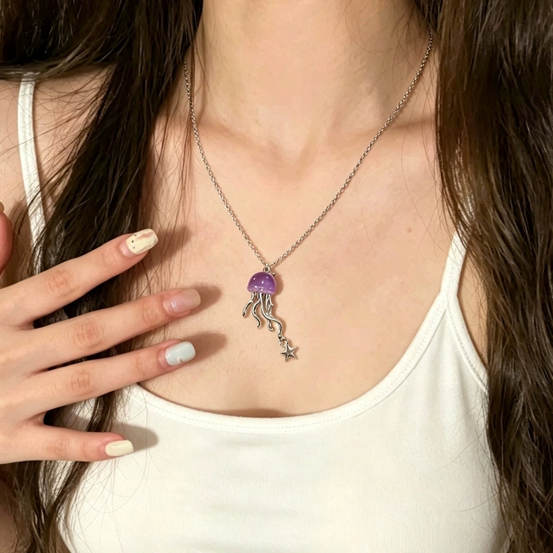 かわいい紫色のクラゲオーシャンスターペンダント二層チョーカー - Layered Pendant Necklace Aesthetic のレビューと価格