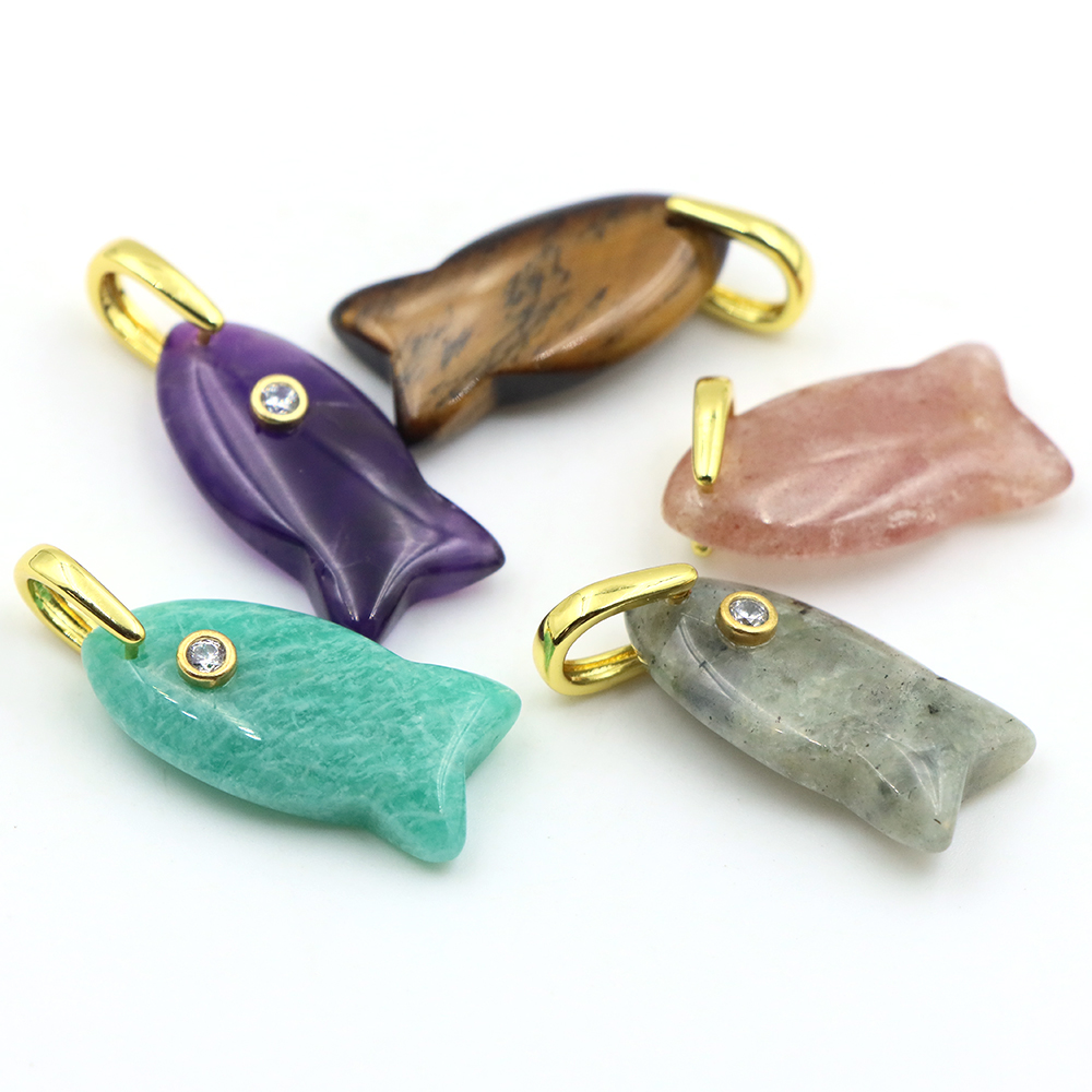 26mm 魚型天然石ペンダント ジルコンクリスタルチャーム付 - Crystal Pendant Necklace Natural Stone のレビューと価格