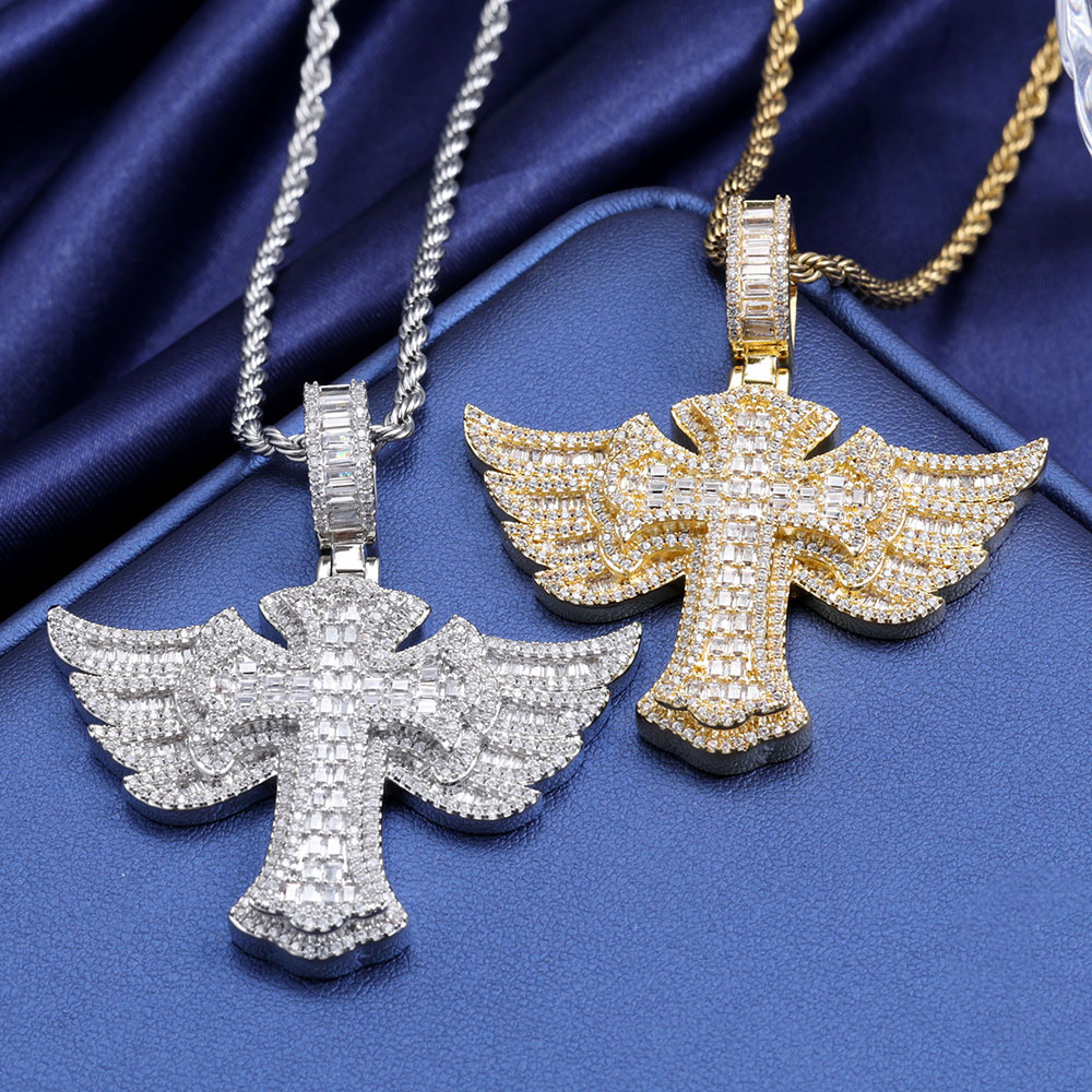 男性用ウィングエンジェルクロスペンダント,czネックレス,ヒ - Cross Pendant Necklace Gold のレビューと価格